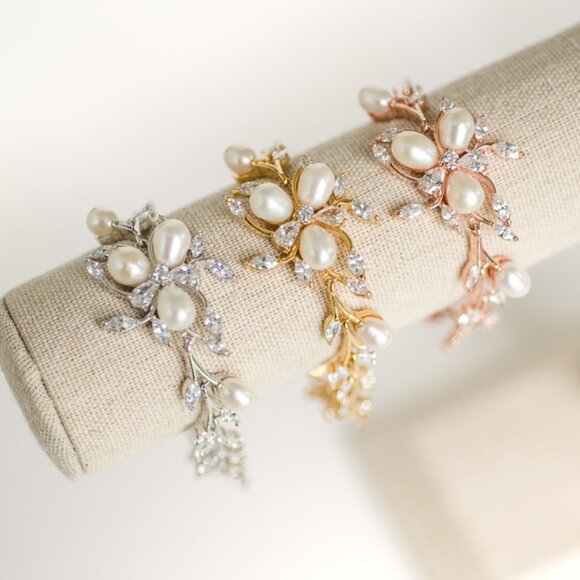 Freshwater Pearl Cubic Zirconia Bridal Bracelet, Gold, Silver or Rose Gold Color - Picture 2 of 5